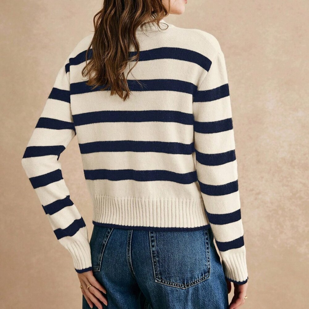Navy Blue Casual Women's Striped Stand Collar Drop Shoulder Long Sleeve Sweater - Picture 2 of 7